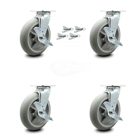 Service Caster 8 Inch Thermoplastic Rubber Caster Set with Ball Bearings and Brake/Swivel Lock SCC-30CS820-TPRBD-TLB-BSL-4